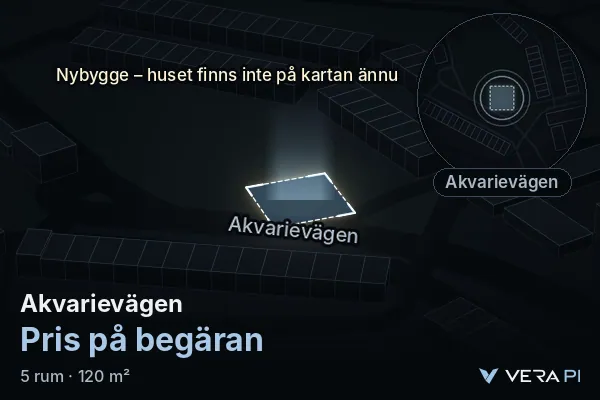 VERA PI:s bild av Akvarievägen: huset i 3D, upplyst i blått, och kartan runt omkring