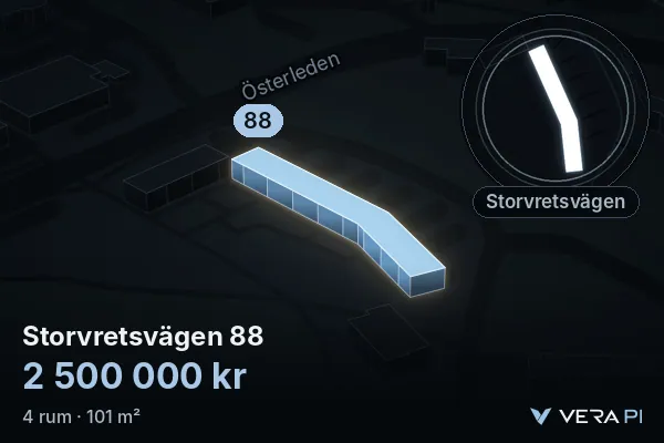 VERA PI:s bild av Storvretsvägen 88: huset i 3D, upplyst i blått, och kartan runt omkring