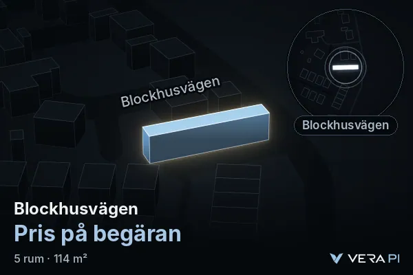 VERA PI's image of Blockhusvägen: the building in 3D, lit in blue, and the map around it