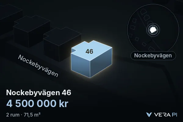 VERA PI's image of Nockebyvägen 46: the building in 3D, lit in blue, and the map around it