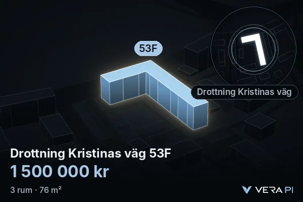 VERA PI's image of Drottning Kristinas väg 53F: the building in 3D, lit in blue, and the map around it