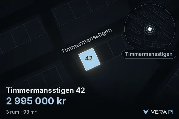 VERA PI's image of Timmermansstigen 42: the building in 3D, lit in blue, and the map around it