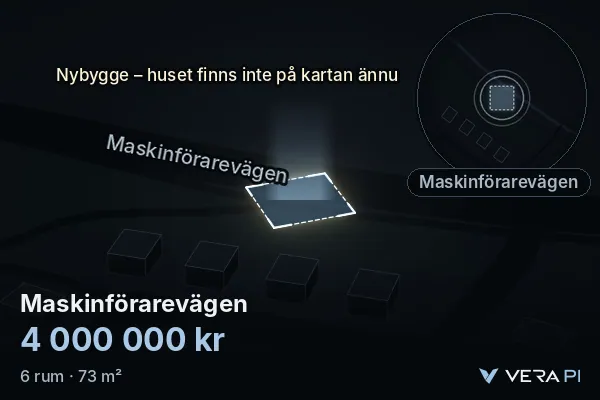 VERA PI:s bild av Maskinförarevägen: huset i 3D, upplyst i blått, och kartan runt omkring