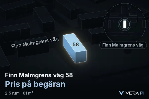 VERA PI:s bild av Finn Malmgrens väg 58: huset i 3D, upplyst i blått, och kartan runt omkring