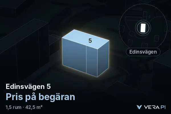 VERA PI:s bild av Edinsvägen 5: huset i 3D, upplyst i blått, och kartan runt omkring