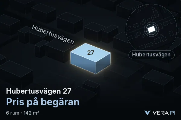 VERA PI's image of Hubertusvägen 27: the building in 3D, lit in blue, and the map around it