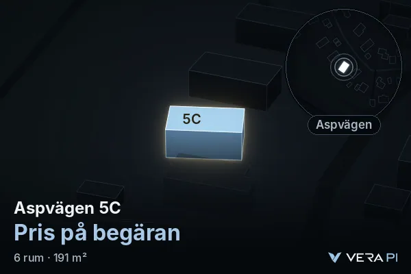 VERA PI's image of Aspvägen 5C: the building in 3D, lit in blue, and the map around it