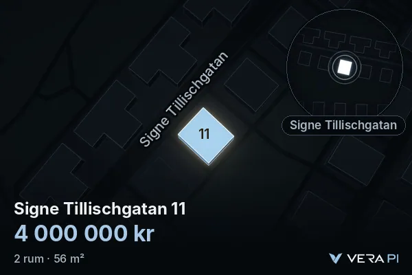 VERA PI:s bild av Signe Tillischgatan 11: huset i 3D, upplyst i blått, och kartan runt omkring