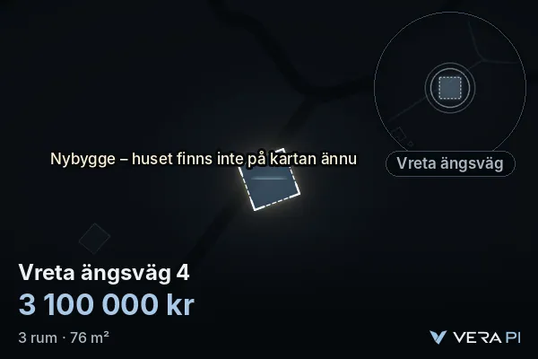 VERA PI:s bild av Vreta ängsväg 4: huset i 3D, upplyst i blått, och kartan runt omkring