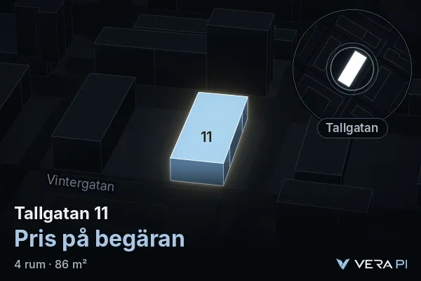 VERA PI:s bild av Tallgatan 11: huset i 3D, upplyst i blått, och kartan runt omkring