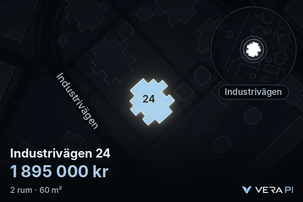 VERA PI:s bild av Industrivägen 24: huset i 3D, upplyst i blått, och kartan runt omkring
