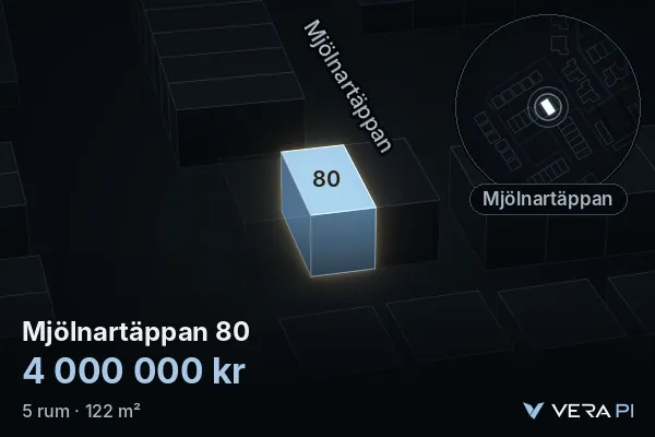 VERA PI:s bild av Mjölnartäppan 80: huset i 3D, upplyst i blått, och kartan runt omkring