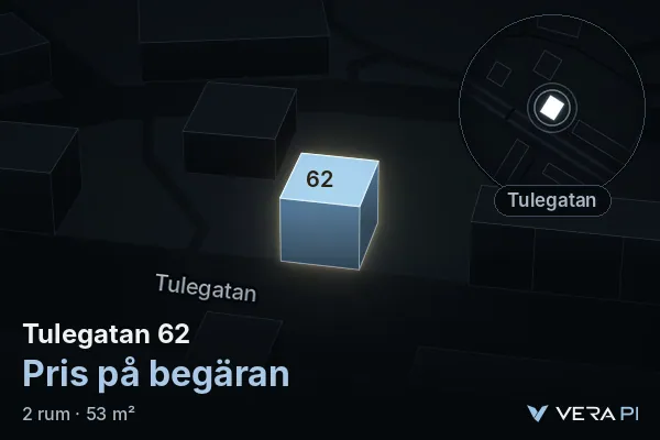 VERA PI's image of Tulegatan 62: the building in 3D, lit in blue, and the map around it