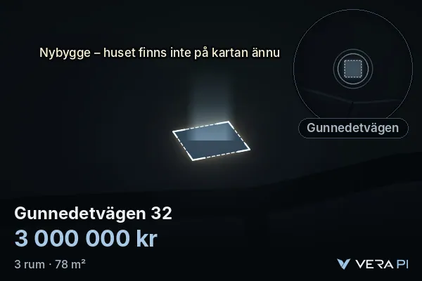 VERA PI's image of Gunnedetvägen 32: the building in 3D, lit in blue, and the map around it