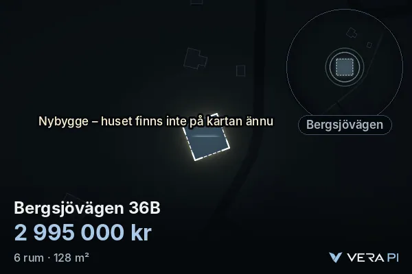 VERA PI:s bild av Bergsjövägen 36B: huset i 3D, upplyst i blått, och kartan runt omkring