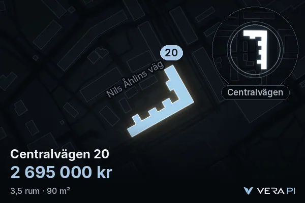 VERA PI:s bild av Centralvägen 20: huset i 3D, upplyst i blått, och kartan runt omkring