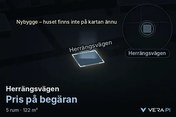 VERA PI:s bild av Herrängsvägen: huset i 3D, upplyst i blått, och kartan runt omkring