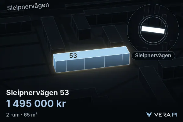 VERA PI:s bild av Sleipnervägen 53: huset i 3D, upplyst i blått, och kartan runt omkring