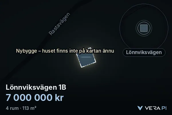 VERA PI's image of Lönnviksvägen 1B: the building in 3D, lit in blue, and the map around it