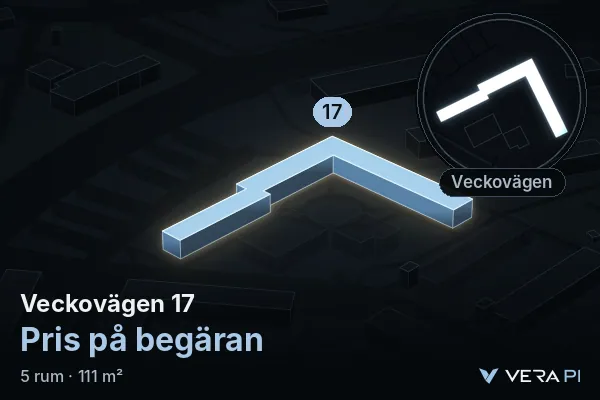VERA PI's image of Veckovägen 17: the building in 3D, lit in blue, and the map around it