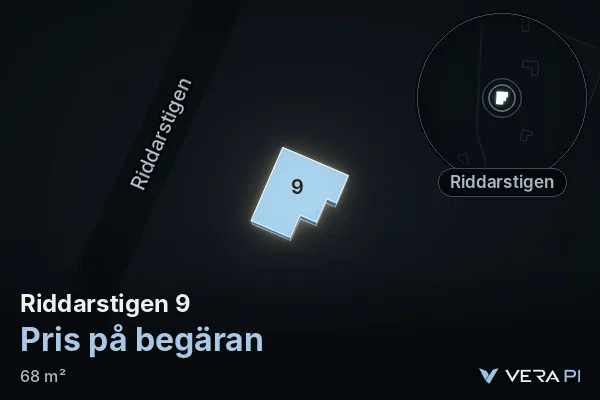 VERA PI's image of Riddarstigen 9: the building in 3D, lit in blue, and the map around it