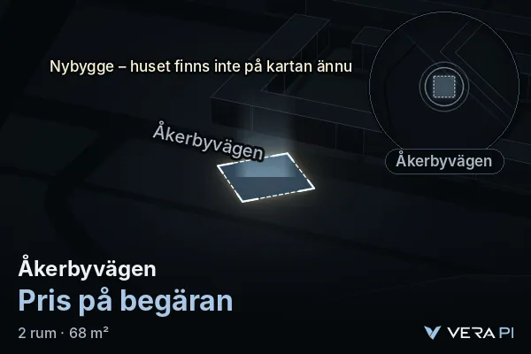 VERA PI:s bild av Åkerbyvägen: huset i 3D, upplyst i blått, och kartan runt omkring