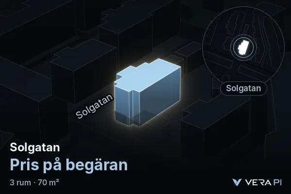 VERA PI's image of Solgatan: the building in 3D, lit in blue, and the map around it