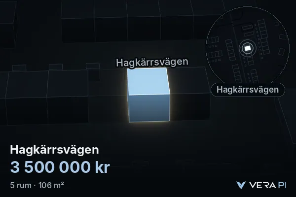 VERA PI's image of Hagkärrsvägen: the building in 3D, lit in blue, and the map around it