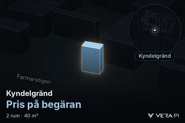 VERA PI:s bild av Kyndelgränd: huset i 3D, upplyst i blått, och kartan runt omkring