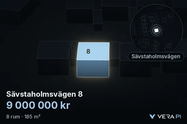 VERA PI:s bild av Sävstaholmsvägen 8: huset i 3D, upplyst i blått, och kartan runt omkring