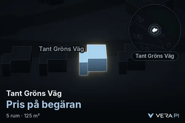 VERA PI's image of Tant Gröns Väg: the building in 3D, lit in blue, and the map around it