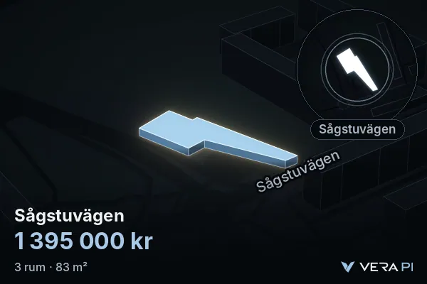 VERA PI:s bild av Sågstuvägen: huset i 3D, upplyst i blått, och kartan runt omkring
