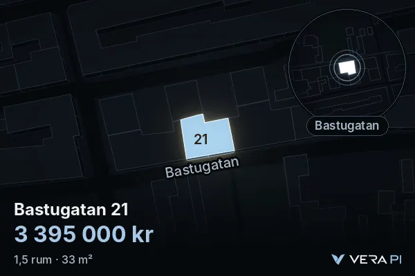VERA PI:s bild av Bastugatan 21: huset i 3D, upplyst i blått, och kartan runt omkring