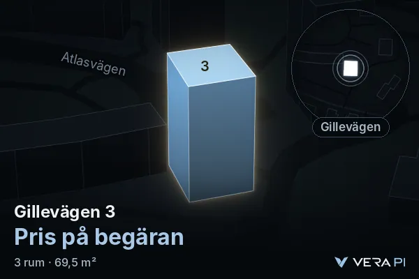 VERA PI:s bild av Gillevägen 3: huset i 3D, upplyst i blått, och kartan runt omkring