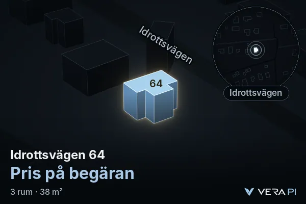 VERA PI:s bild av Idrottsvägen 64: huset i 3D, upplyst i blått, och kartan runt omkring