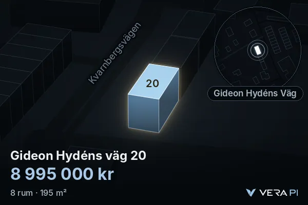 VERA PI:s bild av Gideon Hydéns väg 20: huset i 3D, upplyst i blått, och kartan runt omkring