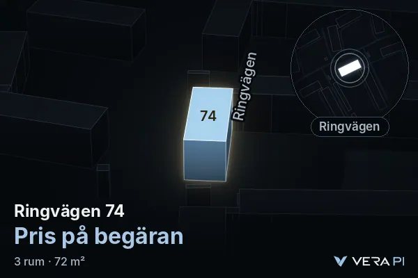 VERA PI:s bild av Ringvägen 74: huset i 3D, upplyst i blått, och kartan runt omkring