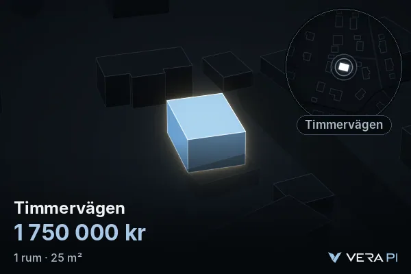 VERA PI:s bild av Timmervägen: huset i 3D, upplyst i blått, och kartan runt omkring