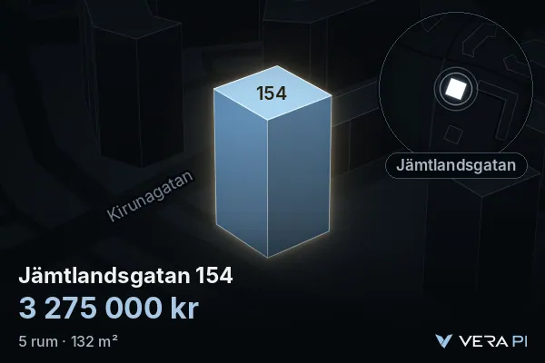 VERA PI's image of Jämtlandsgatan 154: the building in 3D, lit in blue, and the map around it