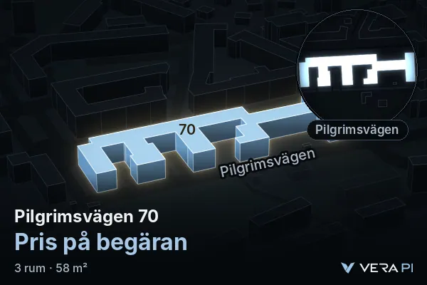 VERA PI's image of Pilgrimsvägen 70: the building in 3D, lit in blue, and the map around it