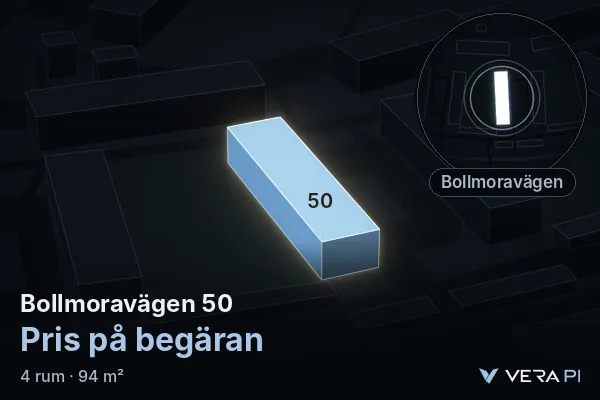 VERA PI's image of Bollmoravägen 50: the building in 3D, lit in blue, and the map around it