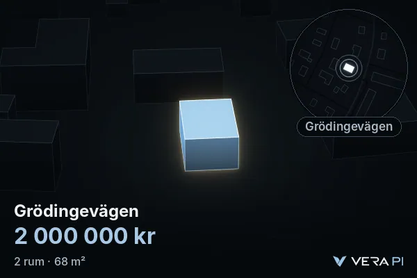 VERA PI:s bild av Grödingevägen: huset i 3D, upplyst i blått, och kartan runt omkring