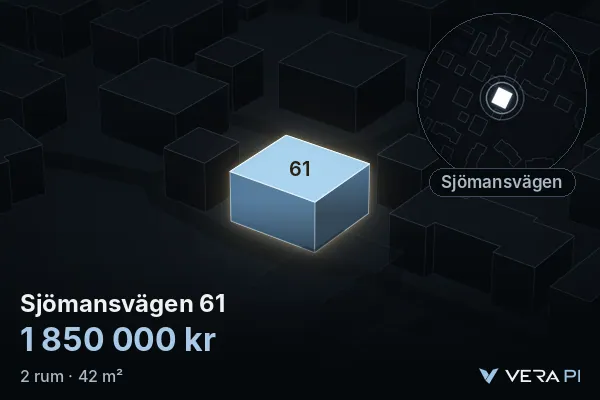 VERA PI:s bild av Sjömansvägen 61: huset i 3D, upplyst i blått, och kartan runt omkring