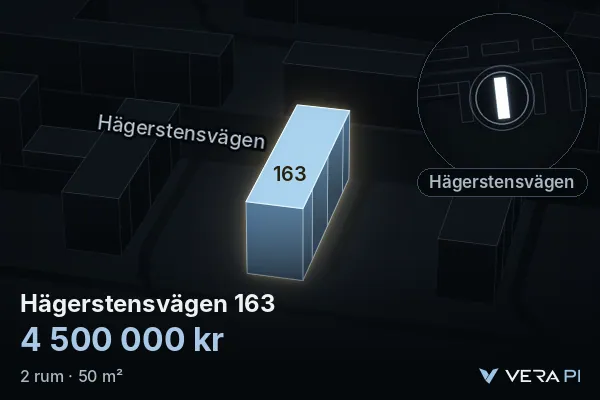 VERA PI's image of Hägerstensvägen 163: the building in 3D, lit in blue, and the map around it