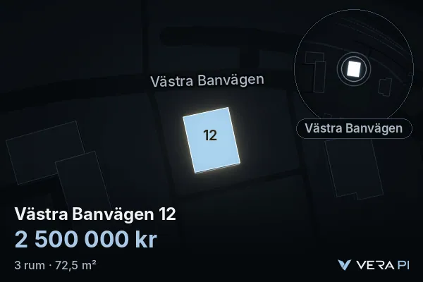 VERA PI:s bild av Västra Banvägen 12: huset i 3D, upplyst i blått, och kartan runt omkring