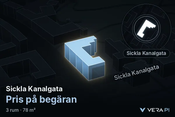 VERA PI's image of Sickla Kanalgata: the building in 3D, lit in blue, and the map around it