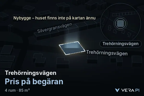 VERA PI:s bild av Trehörningsvägen: huset i 3D, upplyst i blått, och kartan runt omkring