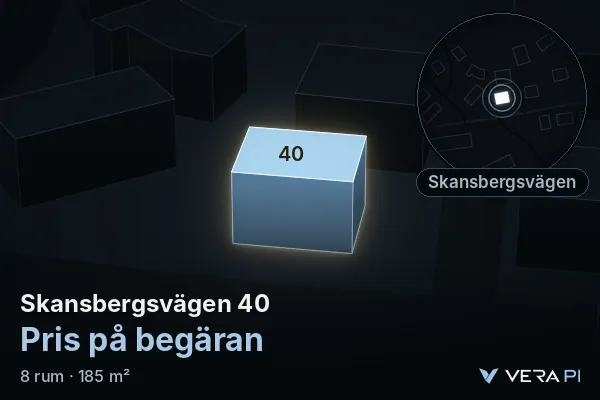 VERA PI:s bild av Skansbergsvägen 40: huset i 3D, upplyst i blått, och kartan runt omkring