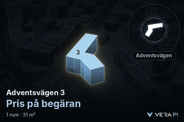 VERA PI's image of Adventsvägen 3: the building in 3D, lit in blue, and the map around it
