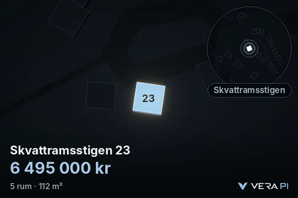 VERA PI:s bild av Skvattramsstigen 23: huset i 3D, upplyst i blått, och kartan runt omkring